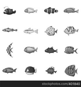 Different fish icons set in monochrome style isolated on white background. Different fish icons set, monochrome style