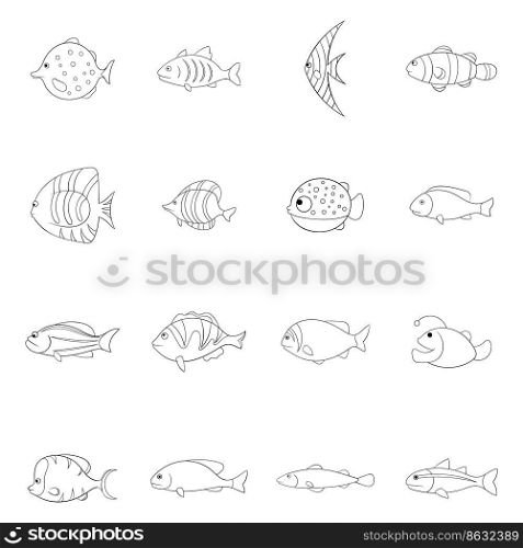Different fish set icons in outline style isolated on white background. Different fish icon set outline