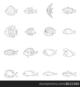 Different fish set icons in outline style isolated on white background. Different fish icon set outline