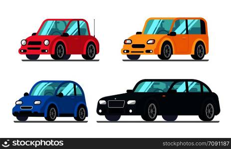 Different flat cars. Cheap motor car on wheels, family hybrid sedan passenger suv luxury premium vehicle automobile colorful cartoon collection vector illustration isolated icon. Different flat cars. Cheap motor car on wheels, family hybrid sedan passenger suv luxury premium vehicle vector illustration