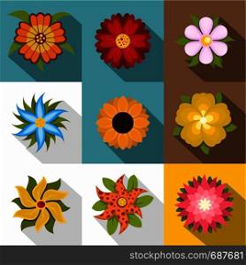 Different flowers icons set. Flat set of 9 different flowers vector icons for web with long shadow. Different flowers icons set, flat style