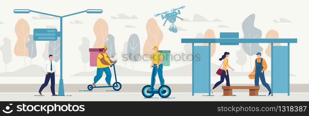 Different Food, Goods and Parcels Delivery Ways. City Urban Street with Deliverymen and Couriers Delivering Purchases, Order on Scooter and Hoverboard to Customers. Fast Drone Air Groceries Shipping. Different Food, Goods and Parcels Delivery Ways