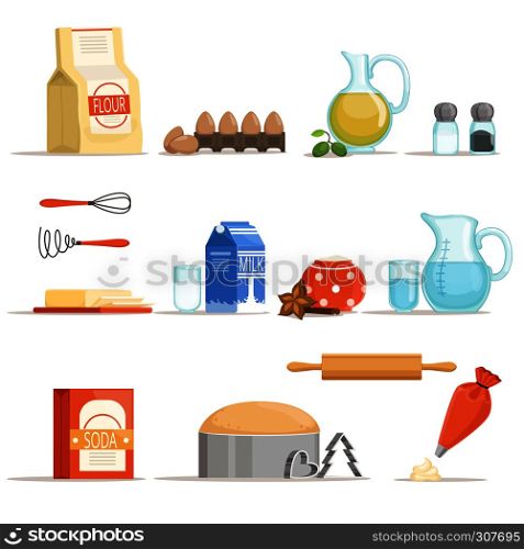 Different food ingredients for baking and cooking. Vector illustration in cartoon style. Ingredient of food for cooking bakery. Different food ingredients for baking and cooking. Vector illustration in cartoon style