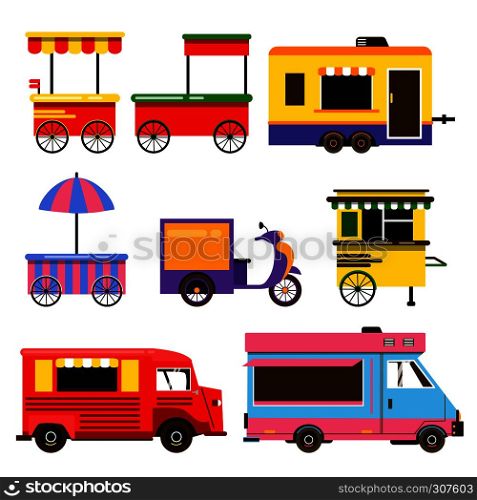 Different food trucks set. Vector illustration. Transport delivery food, trailer automobile kiosk. Different food trucks set. Vector illustration