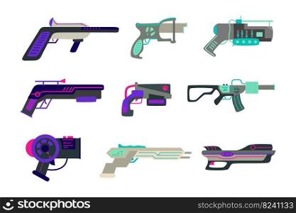 Different futuristic guns vector illustrations set. Toy pistols, blasters, laser rifles for children isolated on white background. Entertainment, space, weapons concept for game design