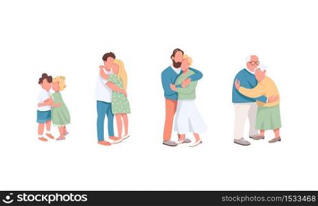 Different generation flat color vector faceless characters set. Boy hug girl. Boyfriend together with girlfriend. Love relationship isolated cartoon illustrations on white background. Different generation flat color vector faceless characters set