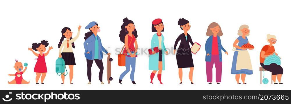 Different generations woman. Young women, age cycle or life stages. Cartoon baby, child adult and old female, isolated girl decent vector characters. Growth female generation, young and old. Different generations woman. Young women, age cycle or life stages. Cartoon baby, child adult and old female, isolated girl decent vector characters