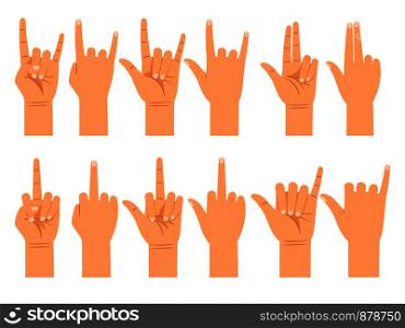 Different gestures of emotions and signs flat vector illustration. People hand signals isolated on white background. People hand signals different gestures