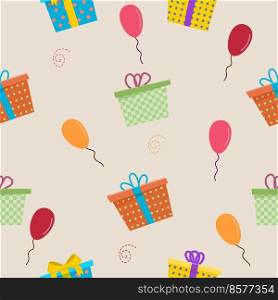 Different gift boxes seamless pattern. Gift boxes with baloons.. Different gift boxes seamless pattern. Gift boxes with baloons