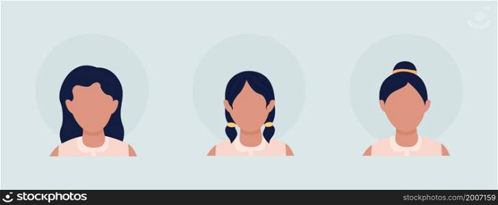 Different girl hairstyles semi flat color vector character avatar set. Casual style. Portrait from front view. Isolated modern cartoon style illustration for graphic design and animation pack. Different girl hairstyles semi flat color vector character avatar set