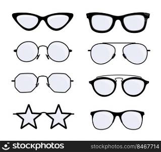 Different glasses designs vector illustrations set. Eyeglasses with black frames of different shapes and styles  old, modern, cool, hipster isolated on white background. Medicine, fashion concept