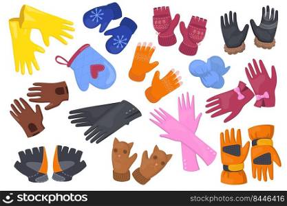 Different gloves flat illustration set. Cartoon protective pair of mittens, mitts for hands on white background isolated vector illustration collection. Winter accessories and design concept