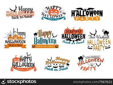 Different Halloween party designs for Happy Halloween parties decorated with bats, pumpkin lanterns, spiders, black cat, ghosts, ghouls with various texts, vector illustration on white