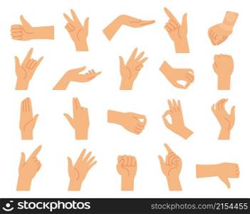 Different hand gestures. Hands gesture collection, arms pressed position. Fingers signal, diverse manual poses of language decent vector set. Illustration of hand gesture palm and pointing. Different hand gestures. Hands gesture collection, arms pressed position. Fingers signal, diverse manual poses of language decent vector set