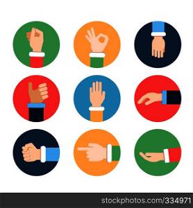Different hands in action poses. Vector pictures in colored frames. Hand gesture pointing and ok, illustration of positive gesture. Different hands in action poses. Vector pictures in colored frames