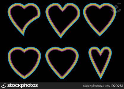 Different heart icons set. Colorful neon frame. Black background. Love symbol. Vector illustration. Stock image. EPS 10.. Different heart icons set. Colorful neon frame. Black background. Love symbol. Vector illustration. Stock image.
