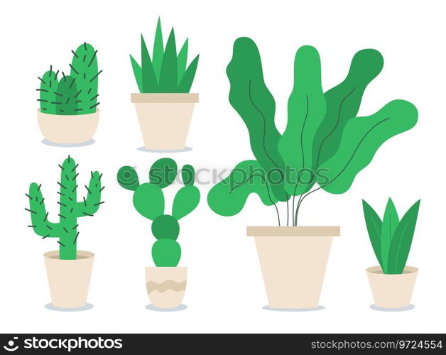 Different houseplants flat color objects set Vector Image