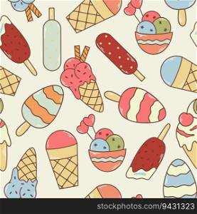 Different ice cream hand drawn background. Seamless pattern dairy dessert. Popsicle, ice cream, ice cream balls, waffle, cone set. Summer print for packaging, textile, design, vector illustration retro style. Different ice cream hand drawn background