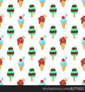 Different ice cream seamless pattern. Background of creamy frozen dessert. Icecream print for packaging, digital paper and design, vector illustration. Different ice cream seamless pattern