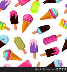 Different ice creams illustrations. Vector seamless pattern. Chocolate and waffle ice-cream pattern background. Different ice creams illustrations. Vector seamless pattern