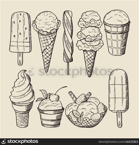 Different ice creams with chocolate and lollipops. Vector illustrations isolate. Ice cream sweet food vanilla in waffle cone. Different ice creams with chocolate and lollipops. Vector illustrations isolate
