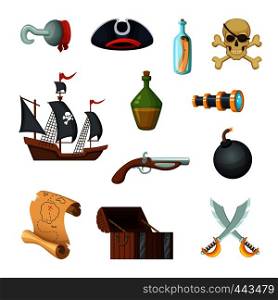 Different icon set of pirate theme. Skull, treasure map, battle ship of corsair and other objects in vector style. Illustration of pirate ship, treasure and skull, sword and bottle rum. Different icon set of pirate theme. Skull, treasure map, battle ship of corsair and other objects in vector style