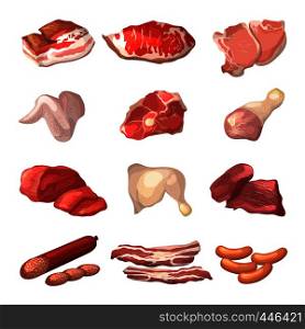 Different illustrations of meat. Marble beef, piece of lamb, and other food pictures in cartoon style. Steak pork, raw ham and fresh meat product vector. Different illustrations of meat. Marble beef, piece of lamb, and other food pictures in cartoon style
