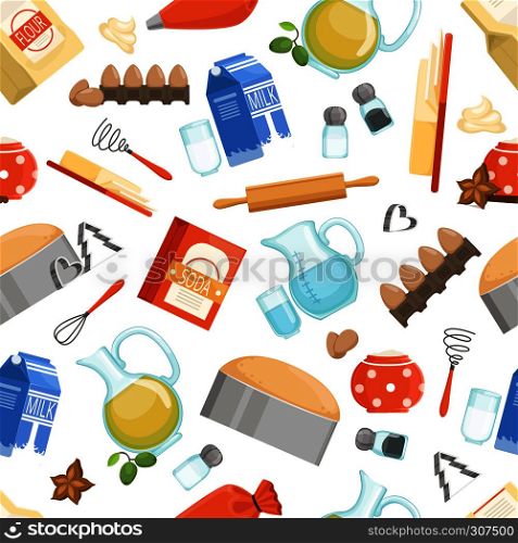 Different ingredients for cooking bakery foods. Vector seamless pattern in cartoon style. Background with cooking ingredient illustration. Different ingredients for cooking bakery foods. Vector seamless pattern in cartoon style