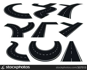 Different isolated curved asphalt roads. Street in perspective. Vector set curve path asphalt road illustration. Different isolated curved asphalt roads. Street in perspective. Vector set