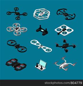 Different isometric 3d drones. Aerial delivery and photo robots vector set. Aircraft robot, control propeller wireless illustration. Different isometric 3d drones. Aerial delivery and photo robots vector set
