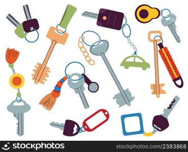 Different key collection. Keys on keychain, elements for opening apartments, cars, diverse padlocks. Property or home accessories, decent vector set. Illustration of keychain and keyring accessory. Different key collection. Keys on keychain, elements for opening apartments, cars, diverse padlocks. Property or home accessories, decent vector set