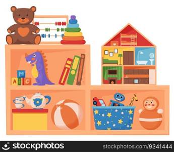 Different kids toys and books on wooden shelves. Kids toys and books on wooden shelves
