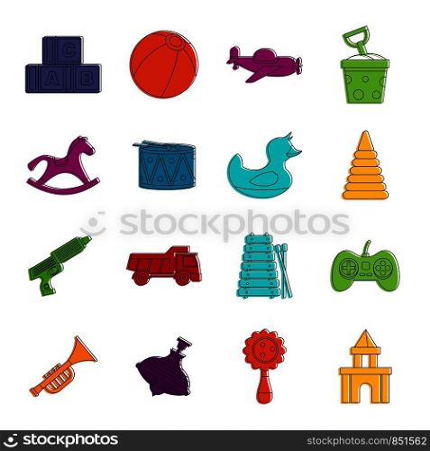 Different kids toys icons set. Doodle illustration of vector icons isolated on white background for any web design. Different kids toys icons doodle set