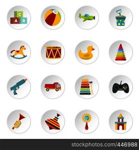 Different kids toys icons set in flat style isolated vector icons set illustration. Different kids toys icons set in flat style