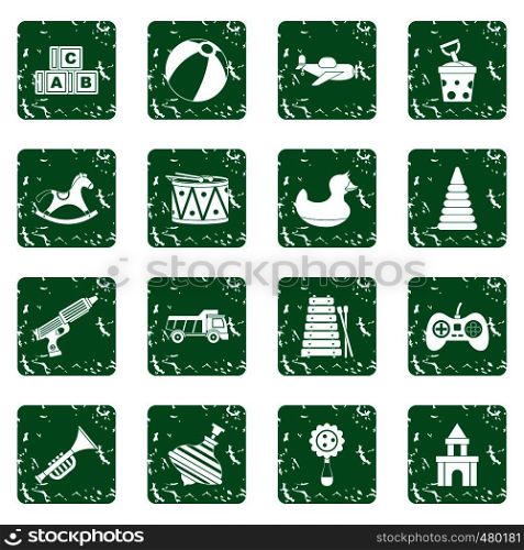 Different kids toys icons set in grunge style green isolated vector illustration. Different kids toys icons set grunge