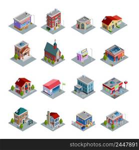 Different kinds of buildings isometric icons set with church stores and houses of different design on white background isolated vector illustration. Building Isometric Icons Set