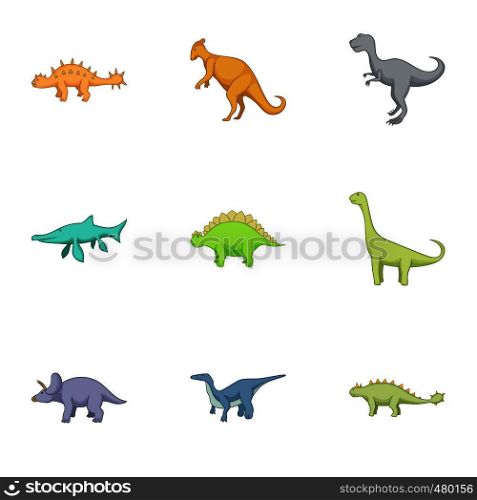 Different kinds of dinosaurs icons set. Cartoon set of 9 different kinds of dinosaurs vector icons for web isolated on white background. Different kinds of dinosaurs icons set