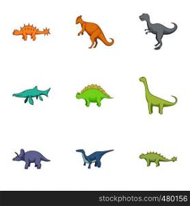 Different kinds of dinosaurs icons set. Cartoon set of 9 different kinds of dinosaurs vector icons for web isolated on white background. Different kinds of dinosaurs icons set