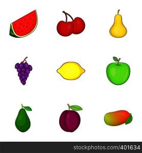 Different kinds of fruit icons set. Cartoon illustration of 9 different kinds of fruit vector icons for web. Different kinds of fruit icons set, cartoon style
