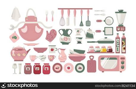 Different kitchen or household items vector illustrations set. Decorative clay or ceramic pottery or tableware  cups, dishes, mugs, bowls, jug isolated on white background. Kitchen utensils concept