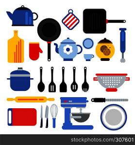 Different kitchen tools set isolated on white. Vector illustrations in modern flat style. Collection of kitchen equipment. Different kitchen tools set isolated on white. Vector illustrations in modern flat style