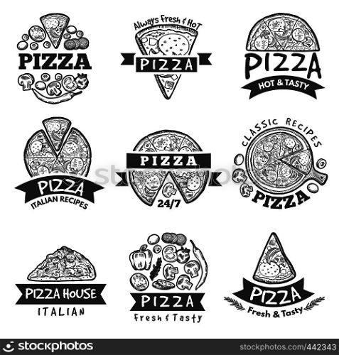 Different labels set for pizza restaurant. Classical italian food. Pizza label and italian pizzeria emblem, vector illustration. Different labels set for pizza restaurant. Classical italian food