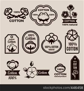 Different labels set with stylized illustrations of cottons. Design template of vector badges for clothes. Cotton quality badge and logo. Bio and organic natural product. Different labels set with stylized illustrations of cottons. Design template of vector badges for clothes