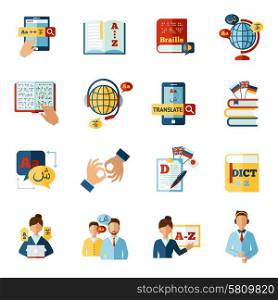 Different languages translator and dictionary icons set isolated vector illustration. Translator Icons Set