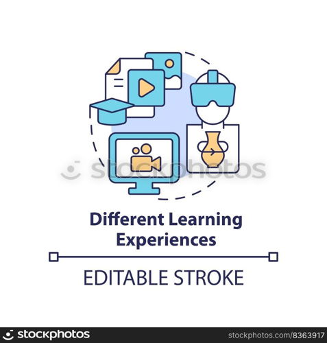 Different learning experiences concept icon. Improve online corporate training abstract idea thin line illustration. Isolated outline drawing. Editable stroke. Arial, Myriad Pro-Bold fonts used. Different learning experiences concept icon