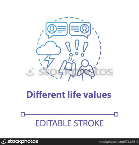 Different life values concept icon. Family quarrel. Disagreement. Inability to negotiate. Mutual accusations of partners idea thin line illustration. Vector isolated outline drawing. Editable stroke