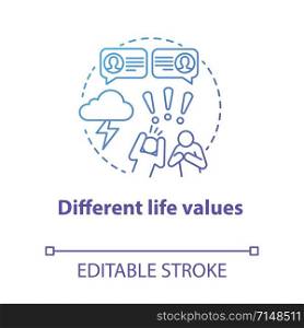 Different life values concept icon. Family quarrel. Disagreement. Inability to negotiate. Mutual accusations of partners idea thin line illustration. Vector isolated outline drawing. Editable stroke