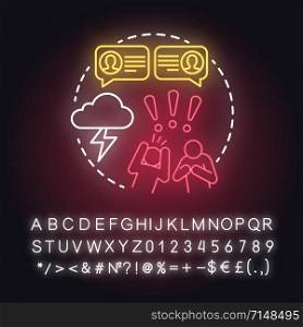 Different life values neon light concept icon. Family quarrel. Inability to negotiate. Partners mutual accusations idea. Glowing sign with alphabet, numbers and symbols. Vector isolated illustration