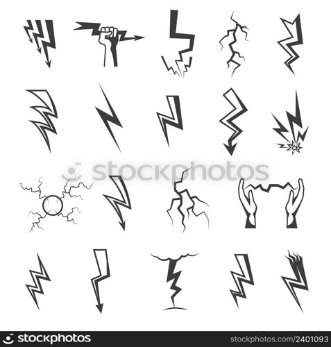 Different lightning strikes monochrome icons set isolated on white background doodle vector illustration. Lightning Monochrome Icons Set