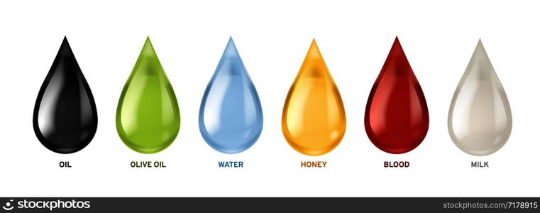 Different liquids drops. Colorful droplets of oil, honey and milk, water. Petrol and blood falling drop realistic, gold and white lubricant ink colors dropped vector set. Different liquids drops. Colorful droplets of oil, honey and milk, water. Petrol and blood falling drop realistic vector set